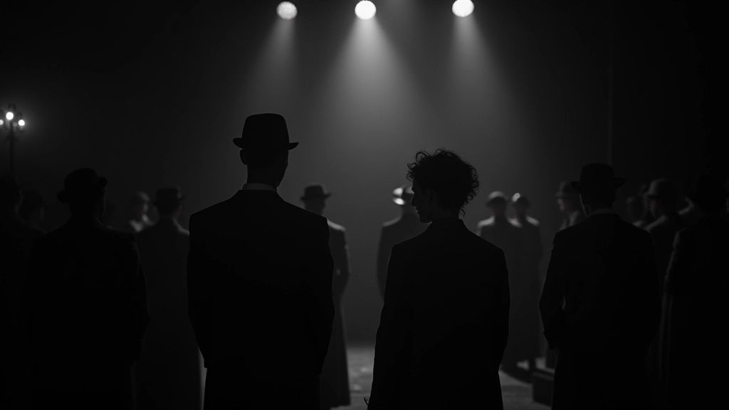 Cena em preto e branco de um filme português clássico com atores em traje teatral e iluminação dramática