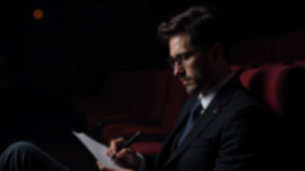 Crítico de cinema tomando notas durante sessão de cinema