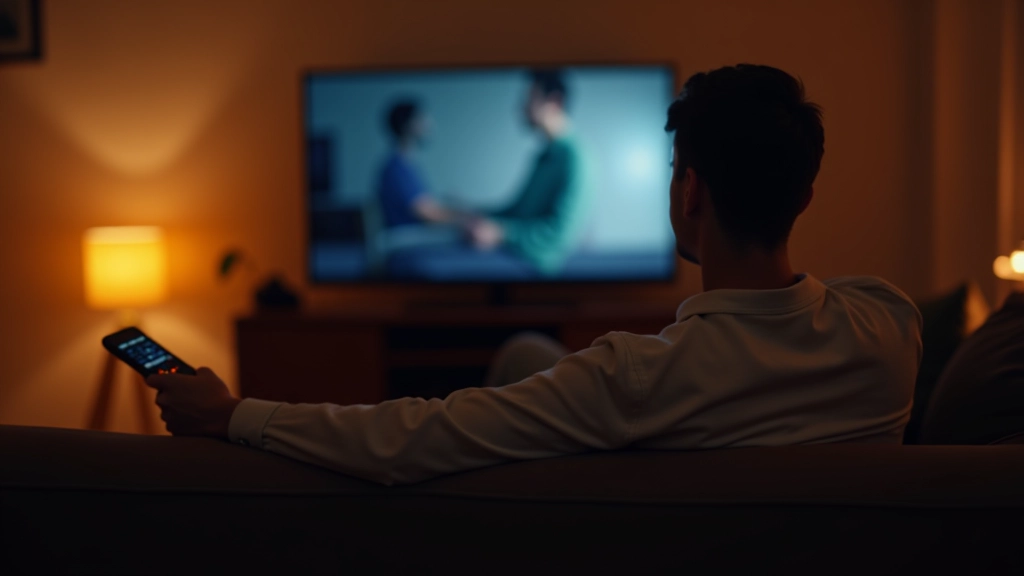 Homem assistindo filme na TV com controle remoto em mãos