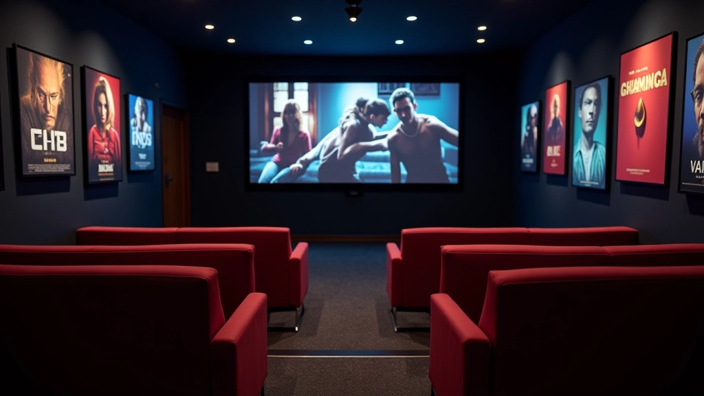 Espaço moderno com telas de cinema, ambiente acolhedor para discussão de filmes e séries