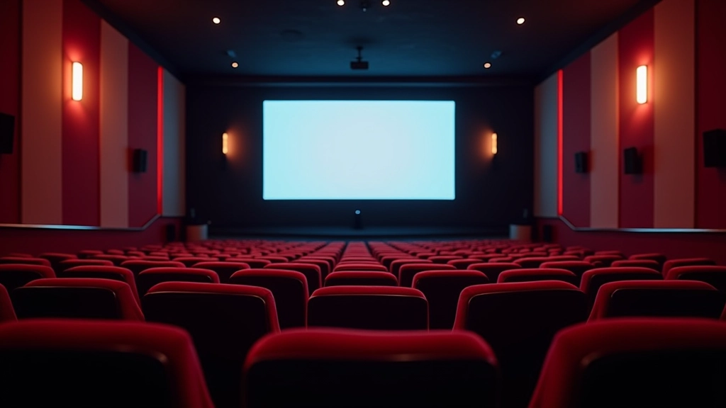 Sala de cinema moderna com assentos confortáveis e tela grande iluminada