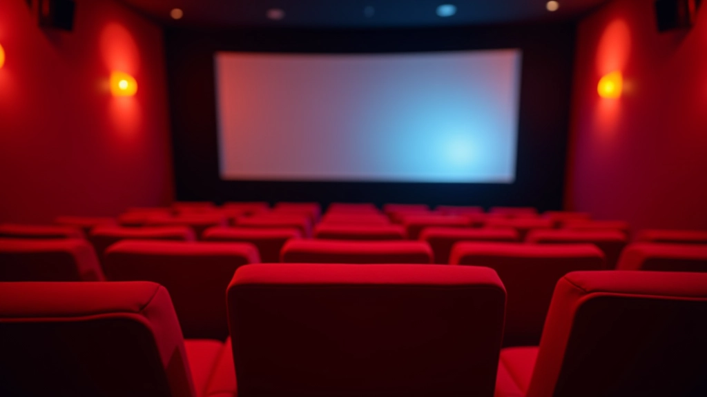 Cinema room with red seats and projector light