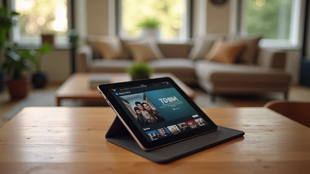 Tablet exibindo interface de streaming com filmes e séries portuguesas