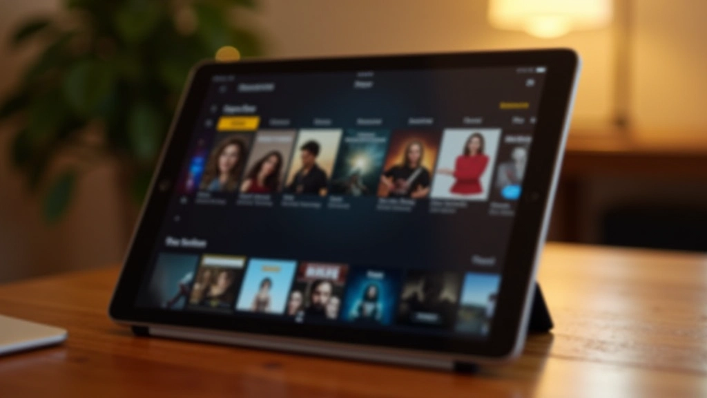 Tablet mostrando aplicação de streaming com catálogo de filmes