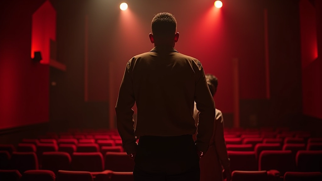 Cena de filme em cores vibrantes mostrando cenário de teatro português clássico com atores em posição dramática