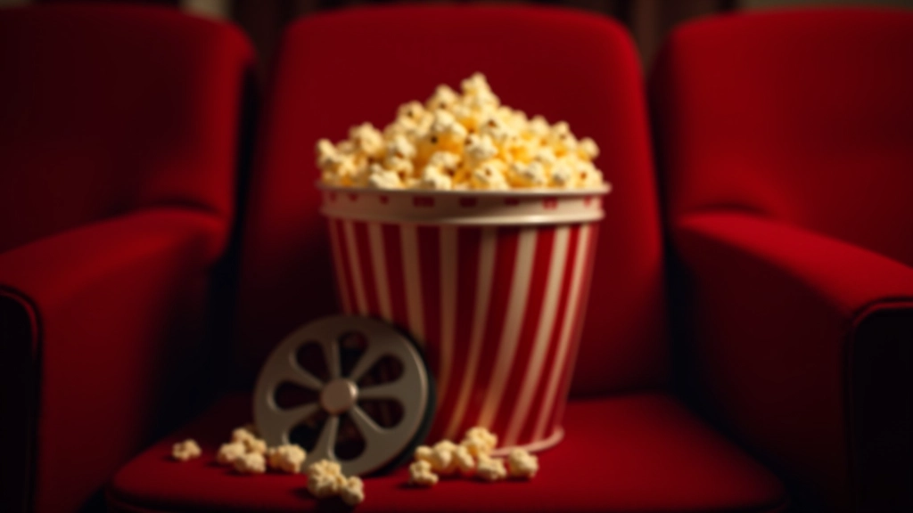 Popcorn bucket with film reels in cinema setting