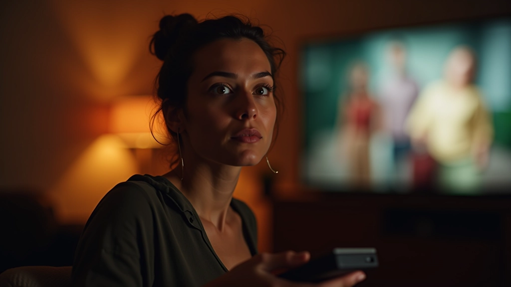 Mulher com expressão pensativa segurando controle remoto, luz de TV refletida no rosto